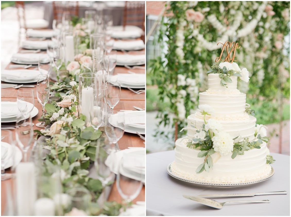 Details of tablescape with runner and white flowers and wedding cake | Brittland Manor | Rob Korb | My Eastern Shore Wedding 