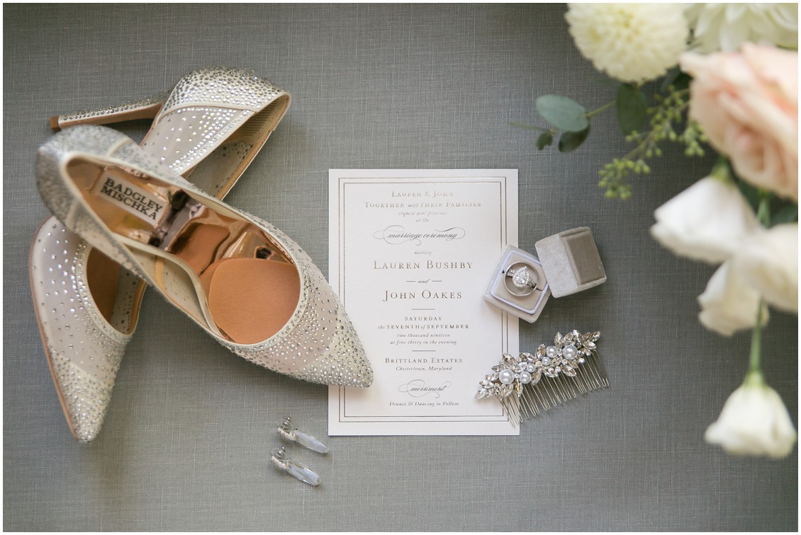 Bridal details, shoes, jewelry and invitations | Brittland Manor | Rob Korb | My Eastern Shore Wedding 